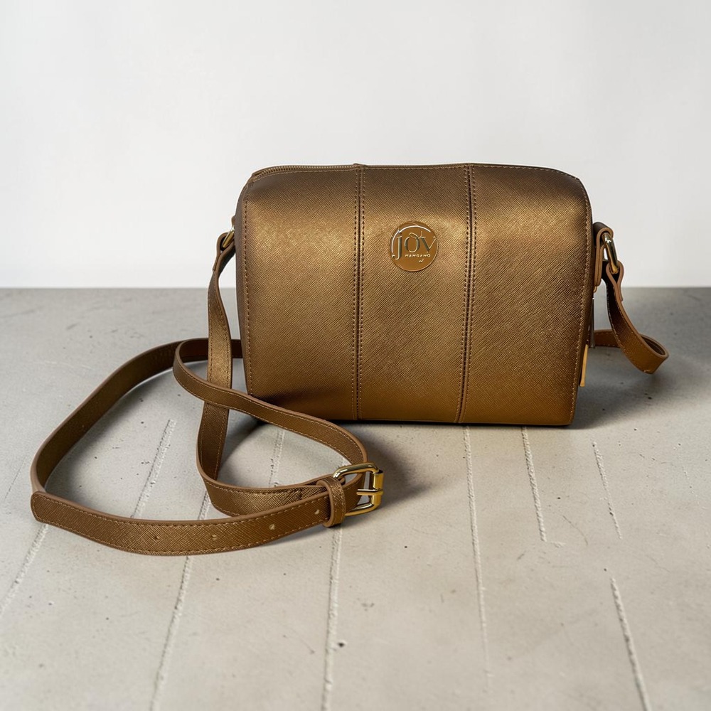 Joy‎ Mangano Bronze Metallic Saffiano Crossbody Bag RFID Organizer Gold Hardware